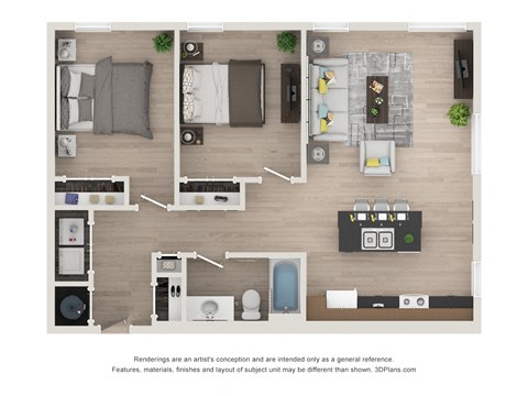 Floor plan for 2 beds, 1 bath, 980 sqft